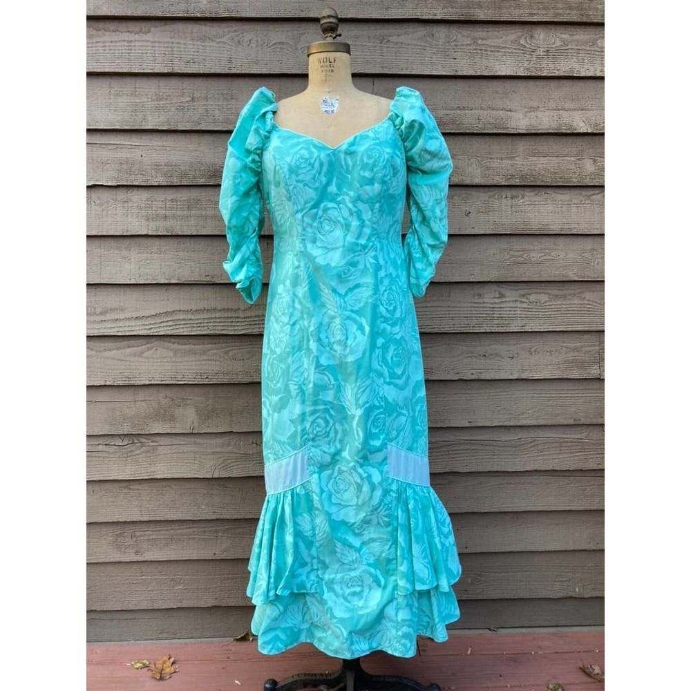 Princess Kaiulani Vintage Hawaiian Hand Print Hibiscus Dress Turquoise EUC